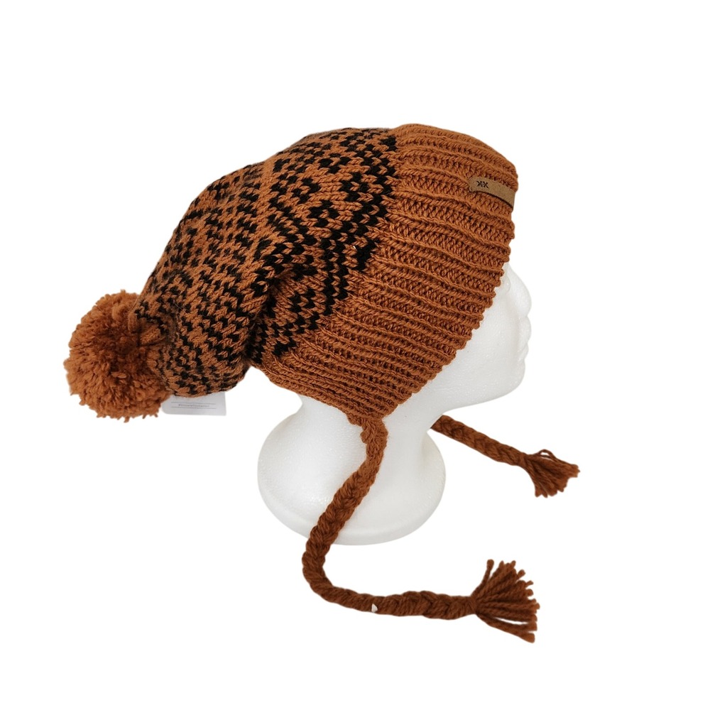 Krochet Kids Brown Black Fair Isle Crochet Knit Beanie Hat with Pom Pom & Tassel